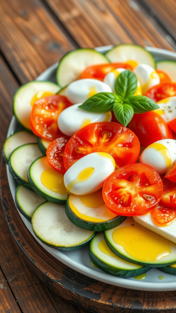 A fresh zucchini tomato mozzarella appetizer on a wooden platter, garnished with basil.